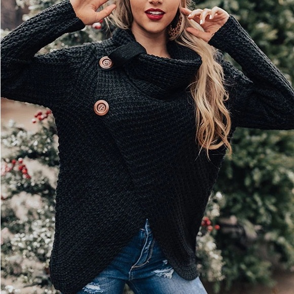 Sweaters - cowl neck wood button sweater tunic tops pullover